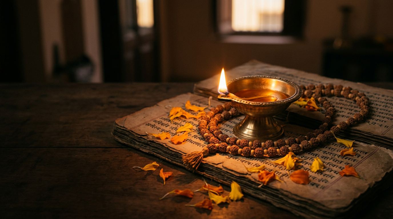 A brass diya and rudraksha mala resting on a Sanskrit manuscript in warm light